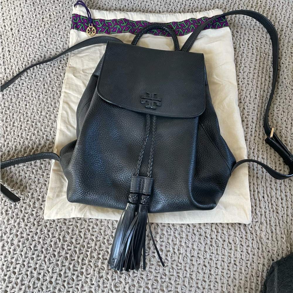 Tory Burch tassel backpack Black with gold accents